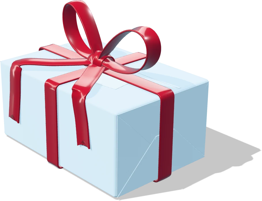 A pale blue wrapped gift tied with a glossy cherry-red ribbon and bow